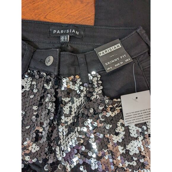 Parisian Sequin Jeans Womens 2 Black Silver Skinny Concert Mid Rise Embellished - Picture 4 of 13